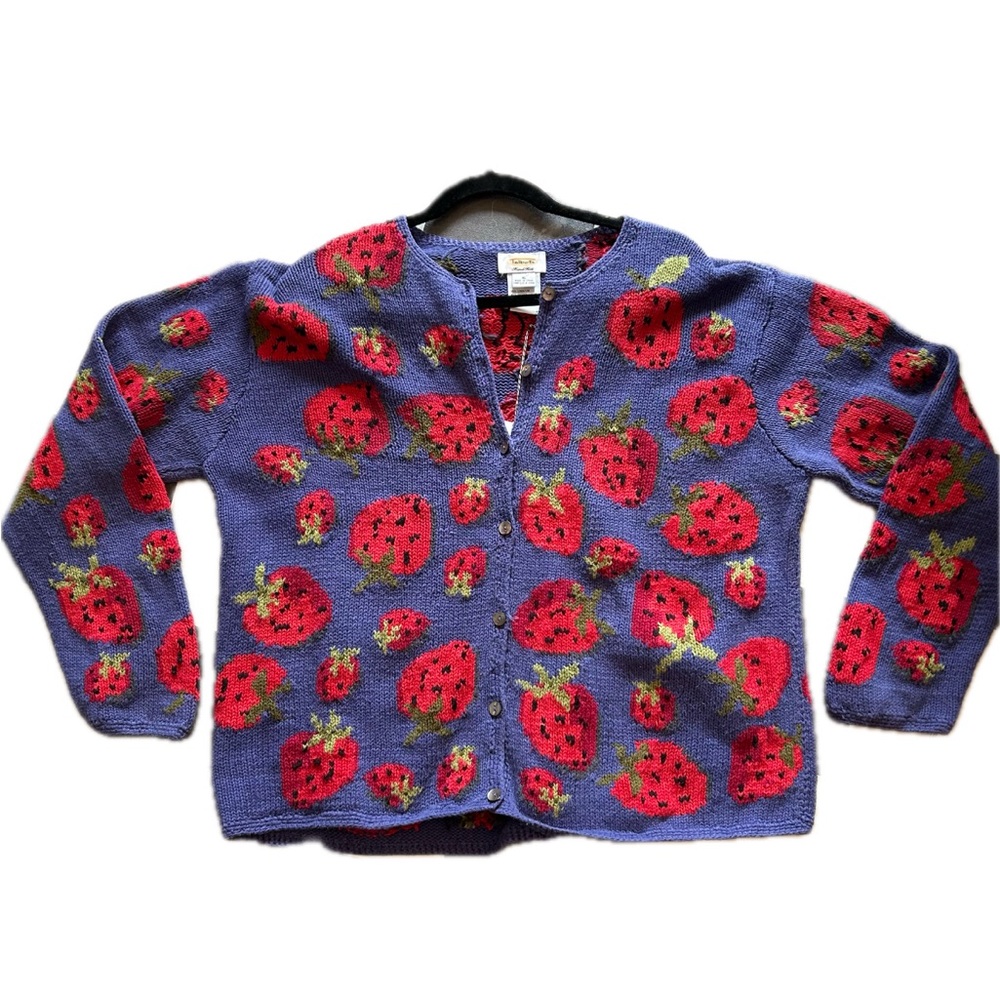 Vintage Talbots Hand-knit Strawberry Cardigan Sweater Size XL